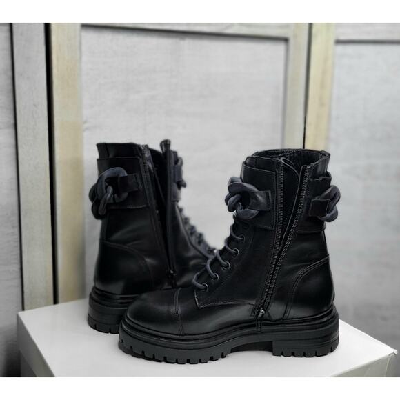 Beautiisoles by Robyn Women Zoey Black Leather Zip Lace up Combat Boots Size 5 - Picture 5 of 13